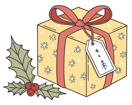 Gift box with red ribbon and holly berry. Vector illustration.のイラスト素材