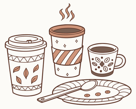 Coffee cup and saucer. Hand drawn vector illustration.のイラスト素材