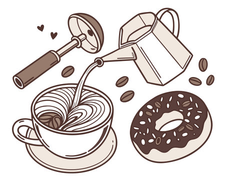 Coffee cup with coffee beans and donut. Hand drawn vector illustration.のイラスト素材