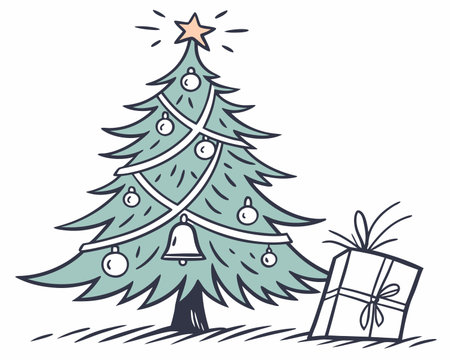 christmas tree and gift box vector illustration doodle hand drawnのイラスト素材