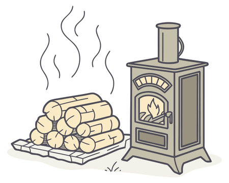 Illustration of a wood burning stove and stack of firewood.のイラスト素材