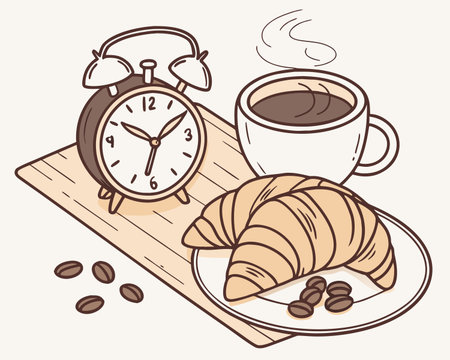 Breakfast concept with coffee and croissants. Vector illustration.のイラスト素材