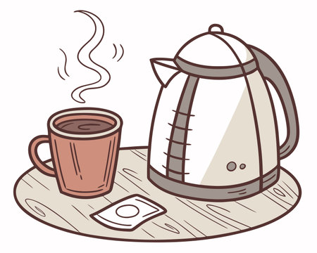 Coffee and teapot on a wooden table. Vector illustrationのイラスト素材