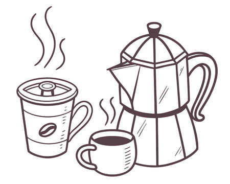 Coffee maker and cup of coffee. Hand drawn vector illustrationのイラスト素材