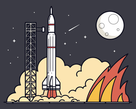 Rocket launch into space. Vector illustration in flat style. Space exploration.のイラスト素材