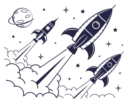 Space rocket and stars. Hand drawn vector illustration in cartoon style.のイラスト素材