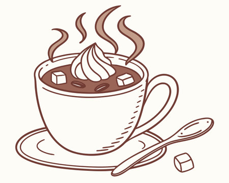 Cup of hot cocoa with marshmallow and spoon, vector illustrationのイラスト素材