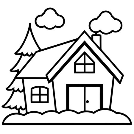 house with chimney and trees icon cartoon vector illustration graphic design in black and whiteのイラスト素材