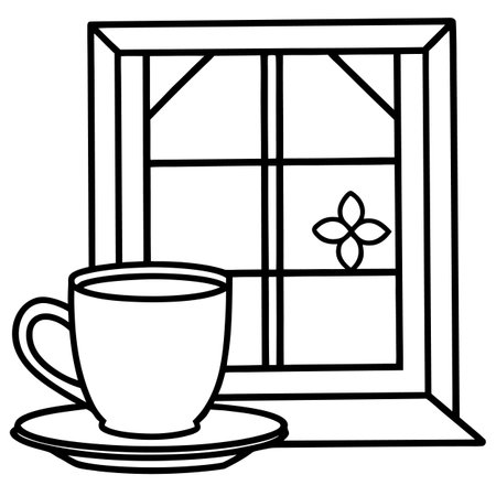 Cup of coffee and a window. Vector illustration in outline style.のイラスト素材