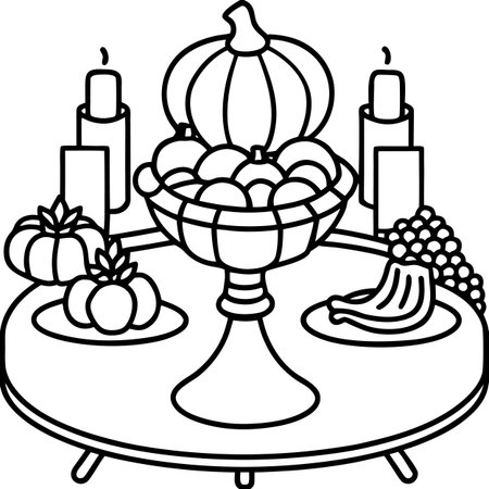 Outline illustration of a table set for Thanksgiving dinner with pumpkins and candlesのイラスト素材
