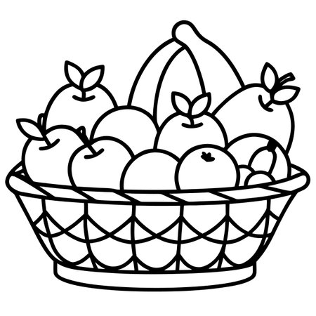 fruits in basket icon cartoon black and white vector illustration graphic designのイラスト素材