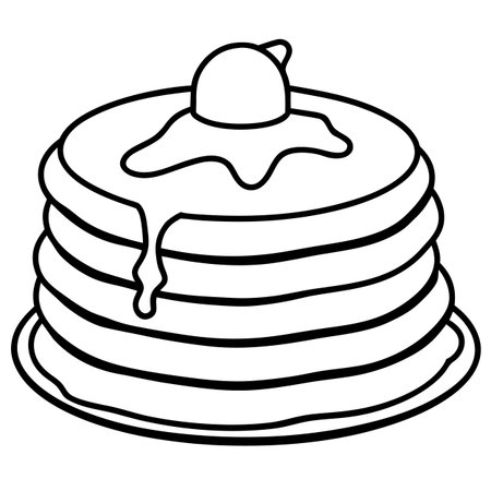 Stack of pancakes with syrup and ice cream. Vector illustration in outline style.のイラスト素材