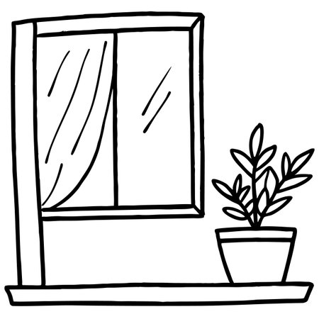 Outline of a window with a plant in a pot. Vector illustration.のイラスト素材
