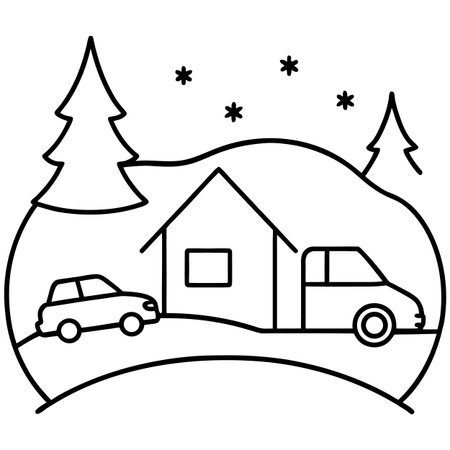 cute house with car in the snowfall scene vector illustration designのイラスト素材