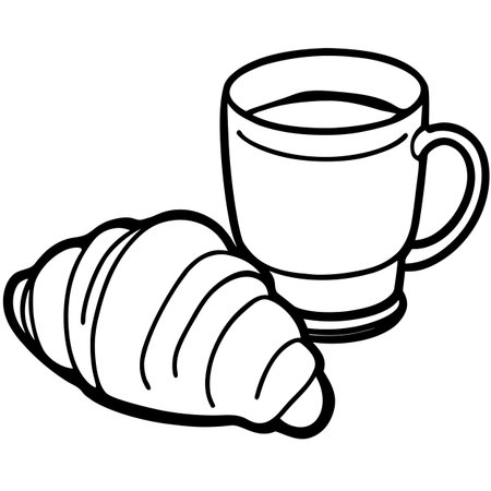 Black and White Cartoon Illustration of Croissant and Coffee Cup for Coloring Bookのイラスト素材