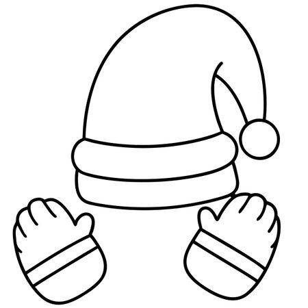 Santa Claus hat and mittens. Vector illustration in outline style.のイラスト素材