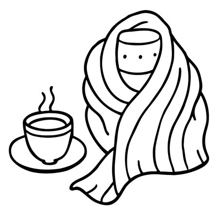 Vector illustration of a woman wrapped in a blanket with a cup of hot coffee.のイラスト素材