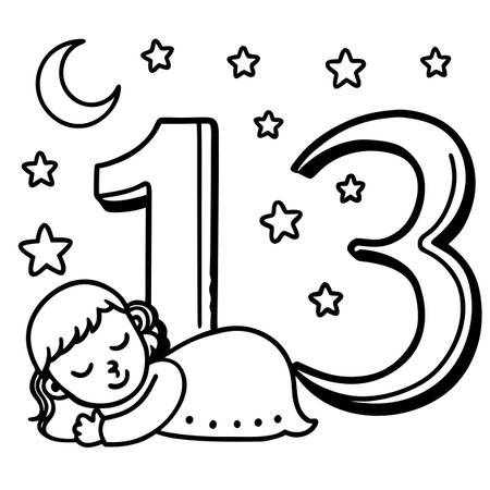 Coloring book for children: numbers 1 and a sleeping girl. Vector illustrationのイラスト素材