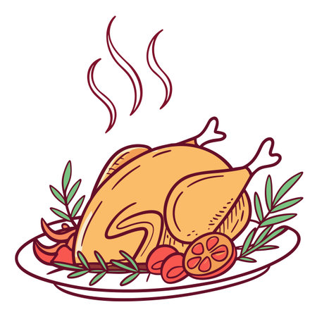 roasted chicken on a plate with tomato and rosemary vector illustrationのイラスト素材