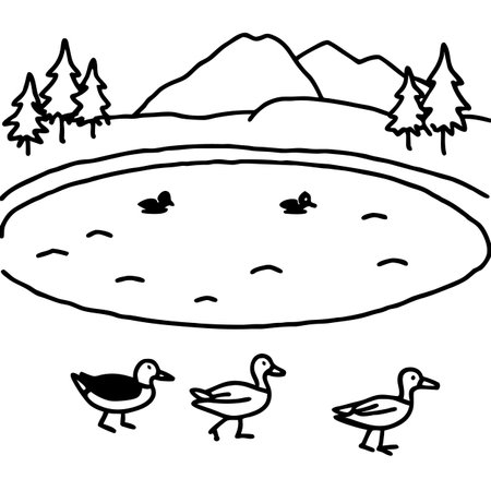 Duck and ducklings on a lake. Vector illustration of a flock of ducks.のイラスト素材