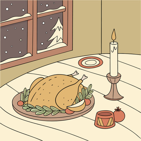 Christmas dinner with roasted turkey. Vector illustration in hand drawn style.のイラスト素材