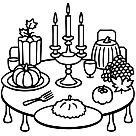 Black and White Cartoon Illustration of Thanksgiving Table for Coloring Bookのイラスト素材