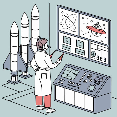 Astronaut working in space station. Vector illustration in line art style.のイラスト素材