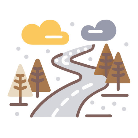 Flat design vector illustration concept of winter landscape with road, trees and clouds.のイラスト素材