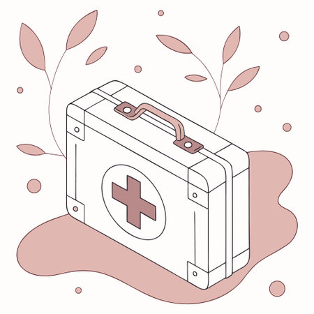 First aid kit with leaves on background. Vector illustration in line art style.のイラスト素材