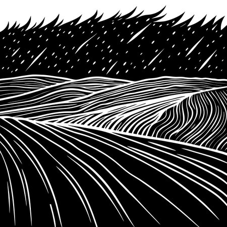Black and white vector illustration of a wheat field in the evening.のイラスト素材