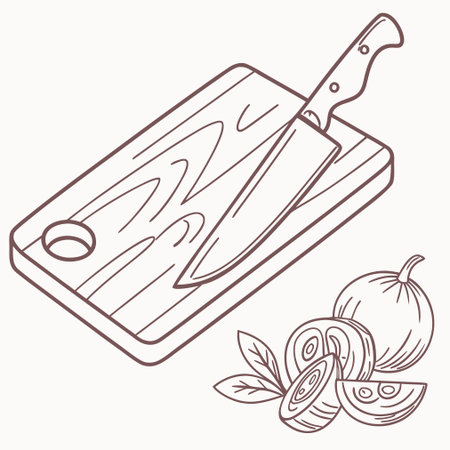Illustration of a cutting board with a knife and a plum.のイラスト素材
