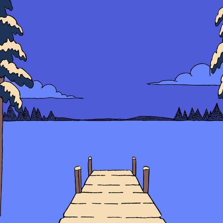 Wooden bridge on the lake. Vector illustration in cartoon style.のイラスト素材