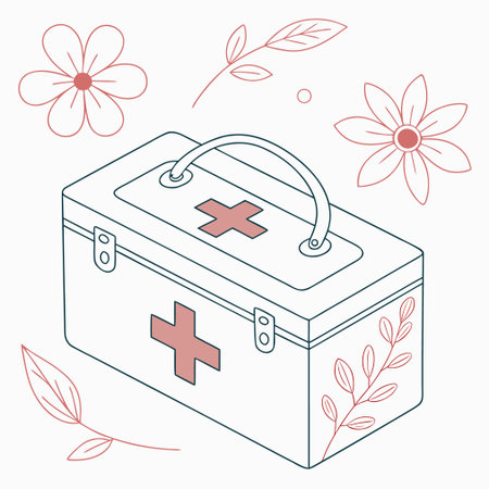 First aid kit with flowers and leaves. Vector illustration in linear style.のイラスト素材