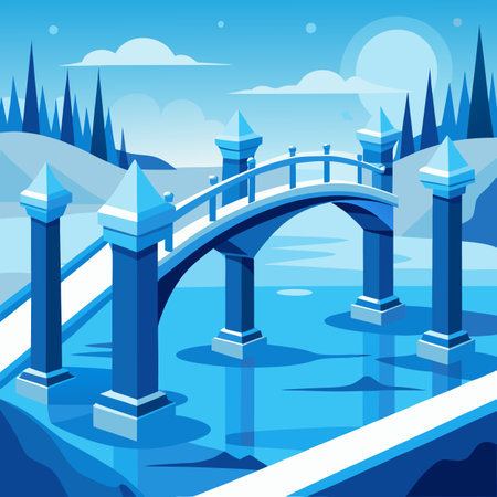 Bridge over the river. Vector illustration in flat style. Cartoon style.のイラスト素材