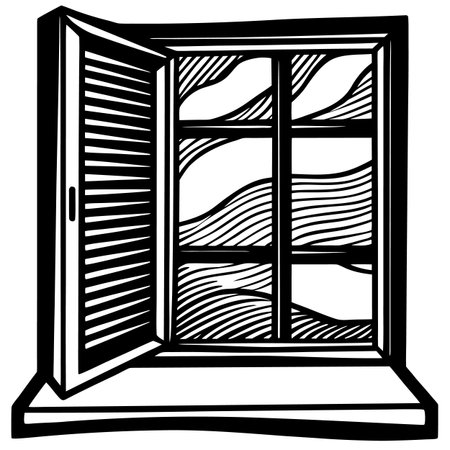Black and White Cartoon Illustration of Open Window with Blinds Iconのイラスト素材