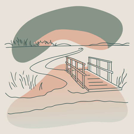 Hand drawn vector illustration of a wooden bridge over the river. Sketch style.のイラスト素材