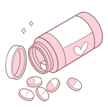 Illustration of a pink bottle with pills and hearts on a white backgroundのイラスト素材
