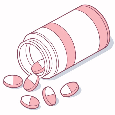 Illustration of a pink pill bottle with a lot of pills.のイラスト素材