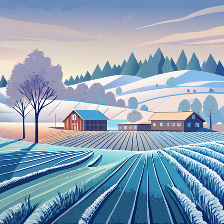 Country landscape with fields and farm. Vector illustration in retro style.のイラスト素材