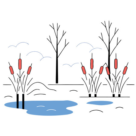 Vector illustration of a winter landscape with trees, reeds and lake.のイラスト素材
