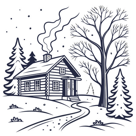 Winter landscape with a wooden house and a winter forest. Vector illustration.のイラスト素材