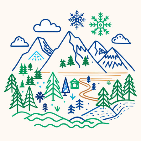 Mountain landscape with snowflakes. Vector line art illustration.のイラスト素材