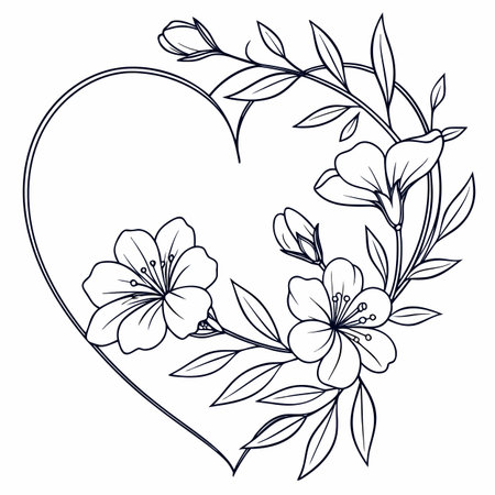 Heart shaped frame with flowers. Hand drawn vector illustration in sketch style.のイラスト素材