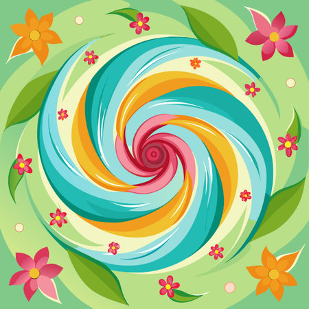 Illustration of a colorful swirl with flowers and leaves on a green backgroundのイラスト素材
