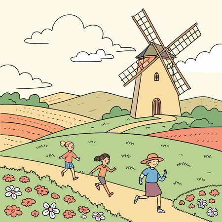 Children and windmill in the field. Vector illustration of a children's drawing.のイラスト素材