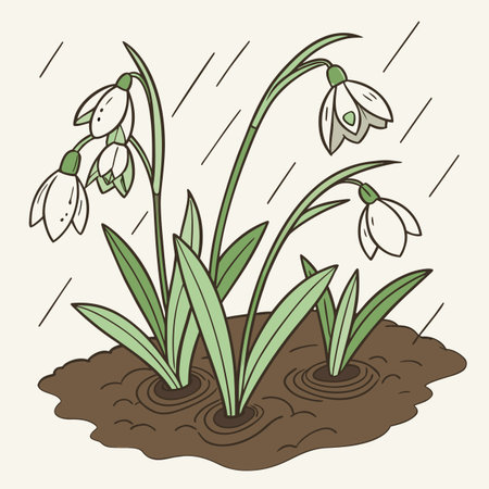 Snowdrop flowers in the ground. Hand drawn vector illustration in vintage style.のイラスト素材