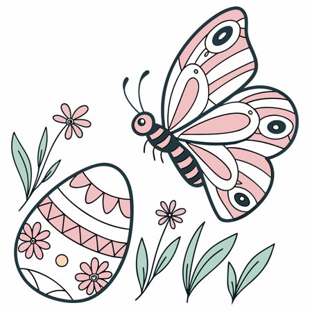 Easter egg with butterfly and flowers. Vector illustration in doodle style.のイラスト素材
