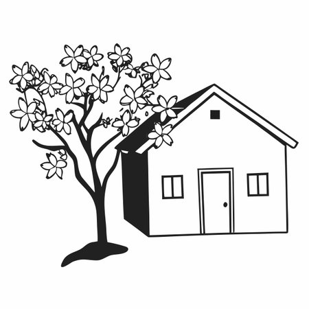 house with tree icon over white background, black and white design. vector illustrationのイラスト素材