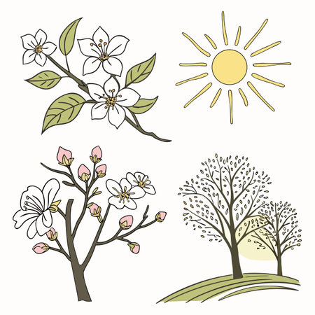 Set of hand drawn spring trees with flowers and sun. Vector illustration.のイラスト素材