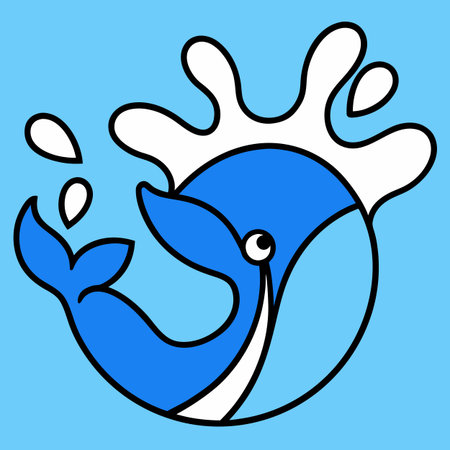 Vector illustration of a blue whale with a splash of water on a blue backgroundのイラスト素材